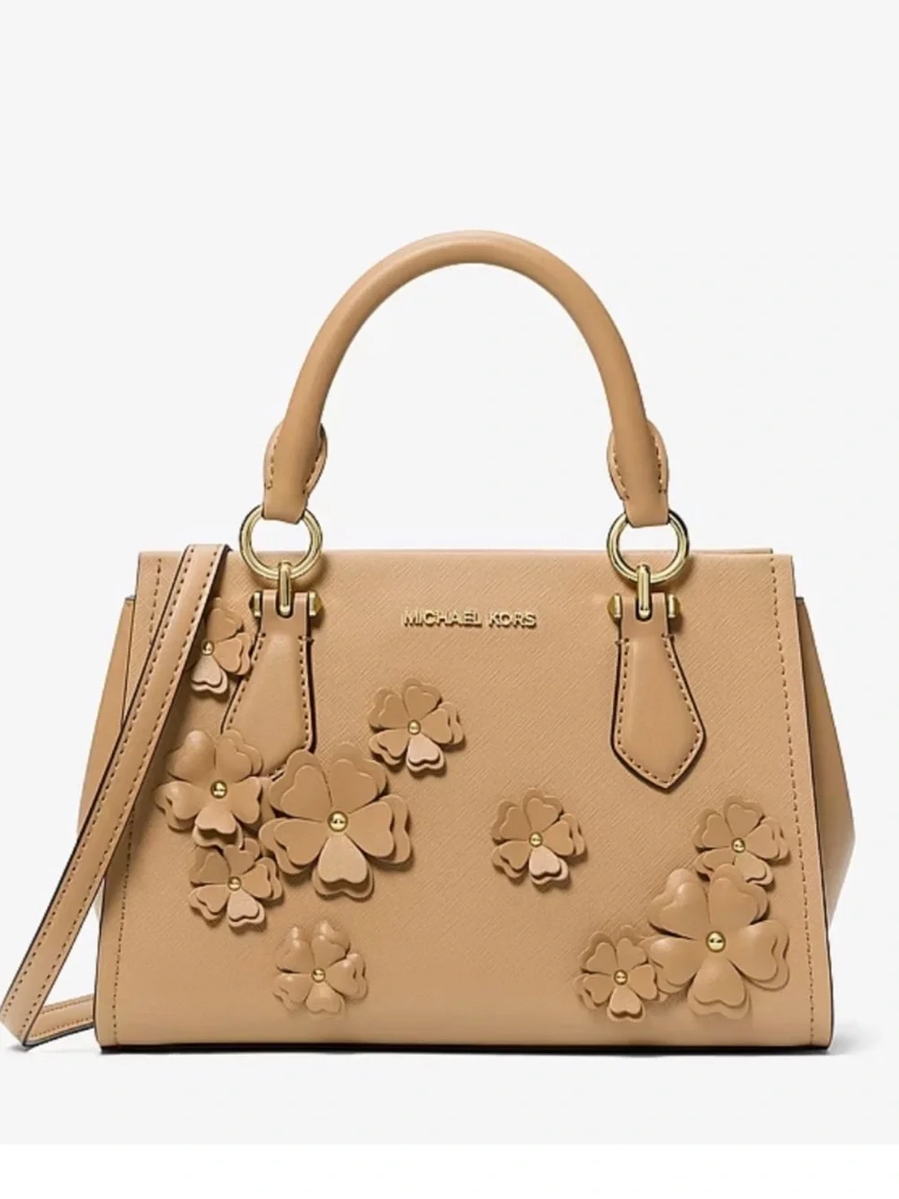 MICHAEL KORS Marilyn Small Floral Embellished Satchel Crossbody Bag Camel NWT